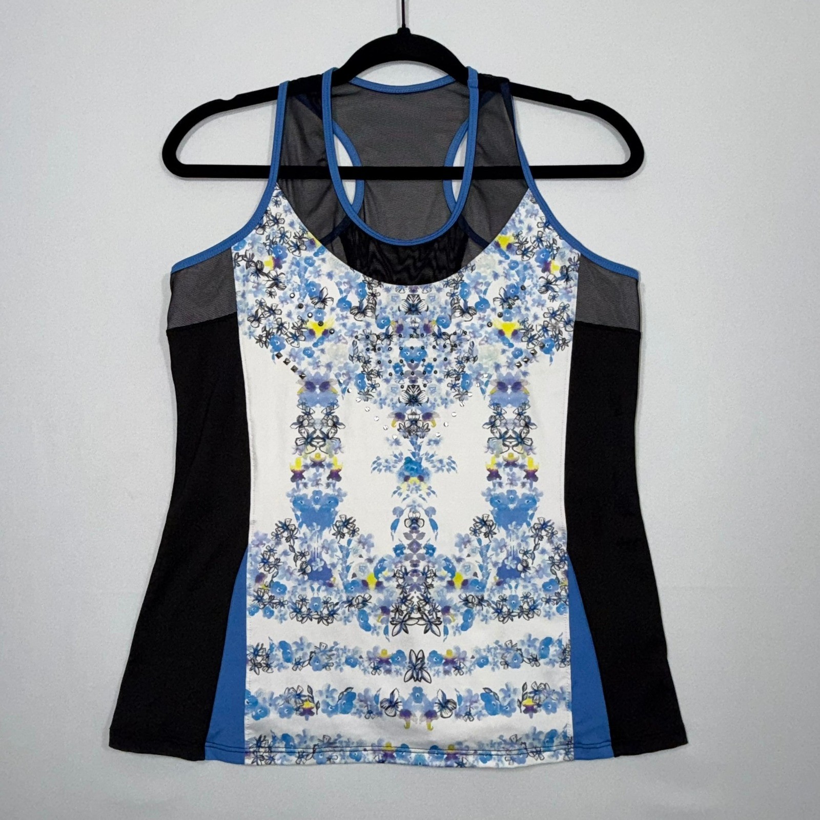 Lucky In Love Tank Top Womens Medium M Floral Mesh Racerback Studded Tennis