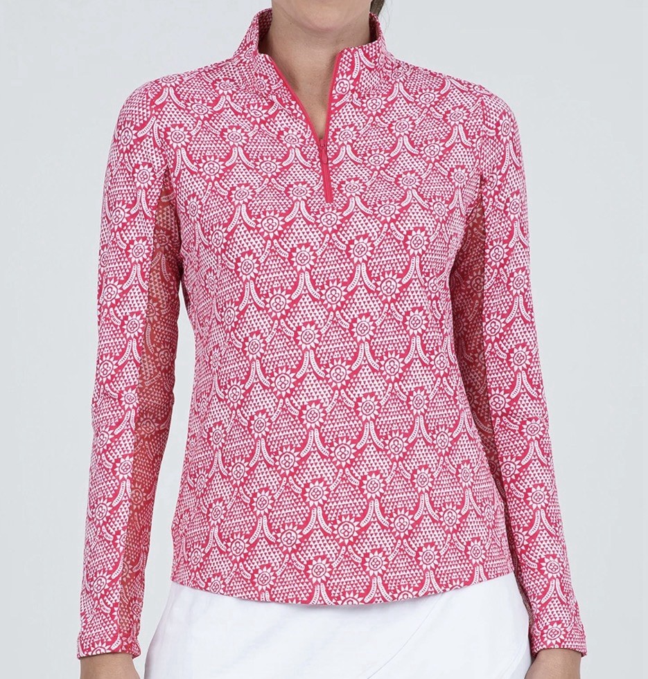 NEW IBKUL LESLIE WATERMELON PINK & WHITE Long Sleeve Mock Golf Shirt Medium