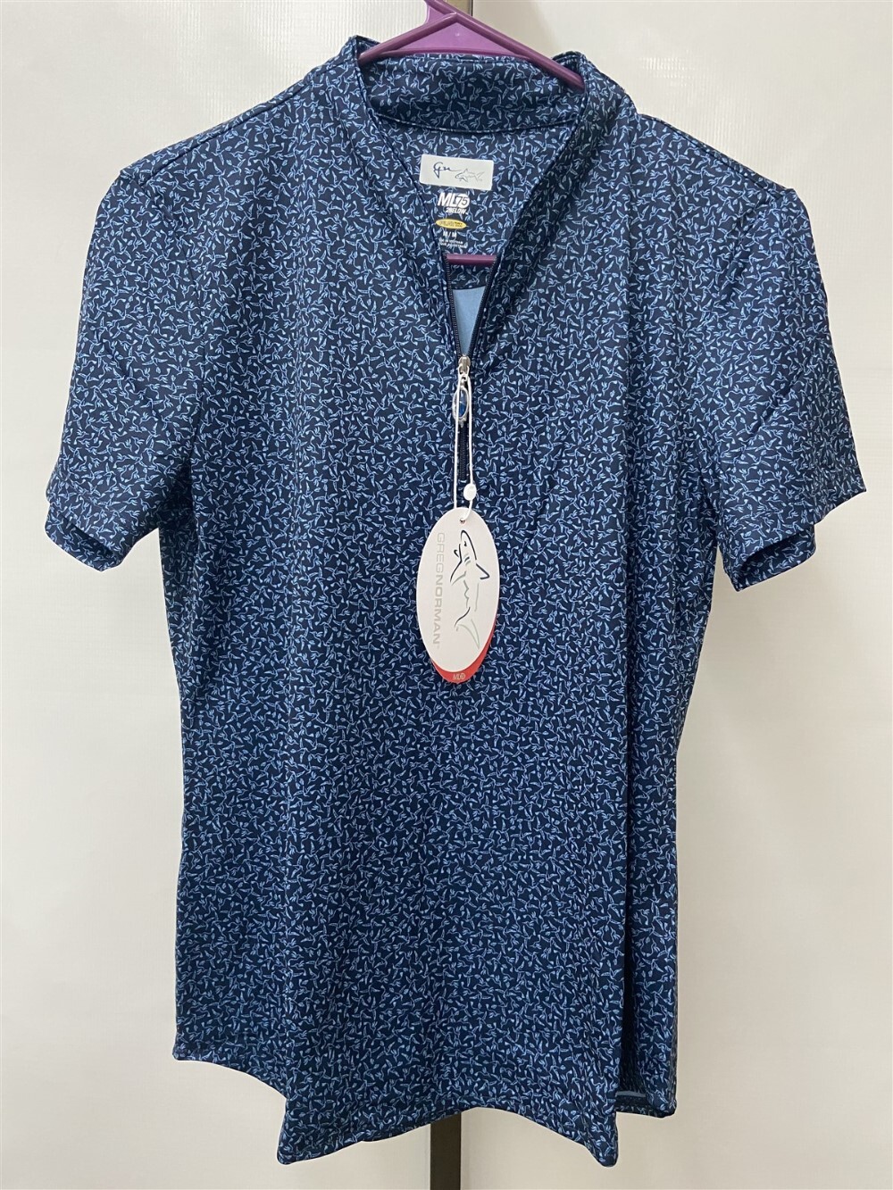 Greg Norman Navy Hummingbird Printed Tulip Short Sleeve Golf Polo Choose Size
