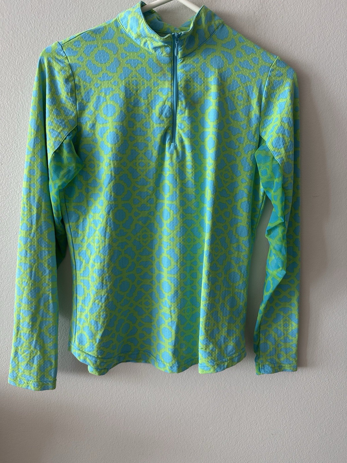 ICIKULS Geometric Small 1/4 Zip Pullover Top Blue Green Mesh Long Sleeve Flaw