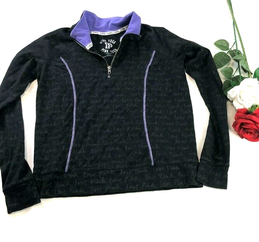 Pink Victoria Secret Yoga 1/4 Zip Athletic Top Size S Black / Purple Love Pink