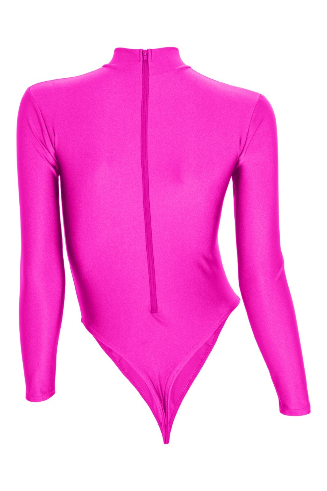 Ladies string body long sleeves back zip pink leotard stretch shiny shiny