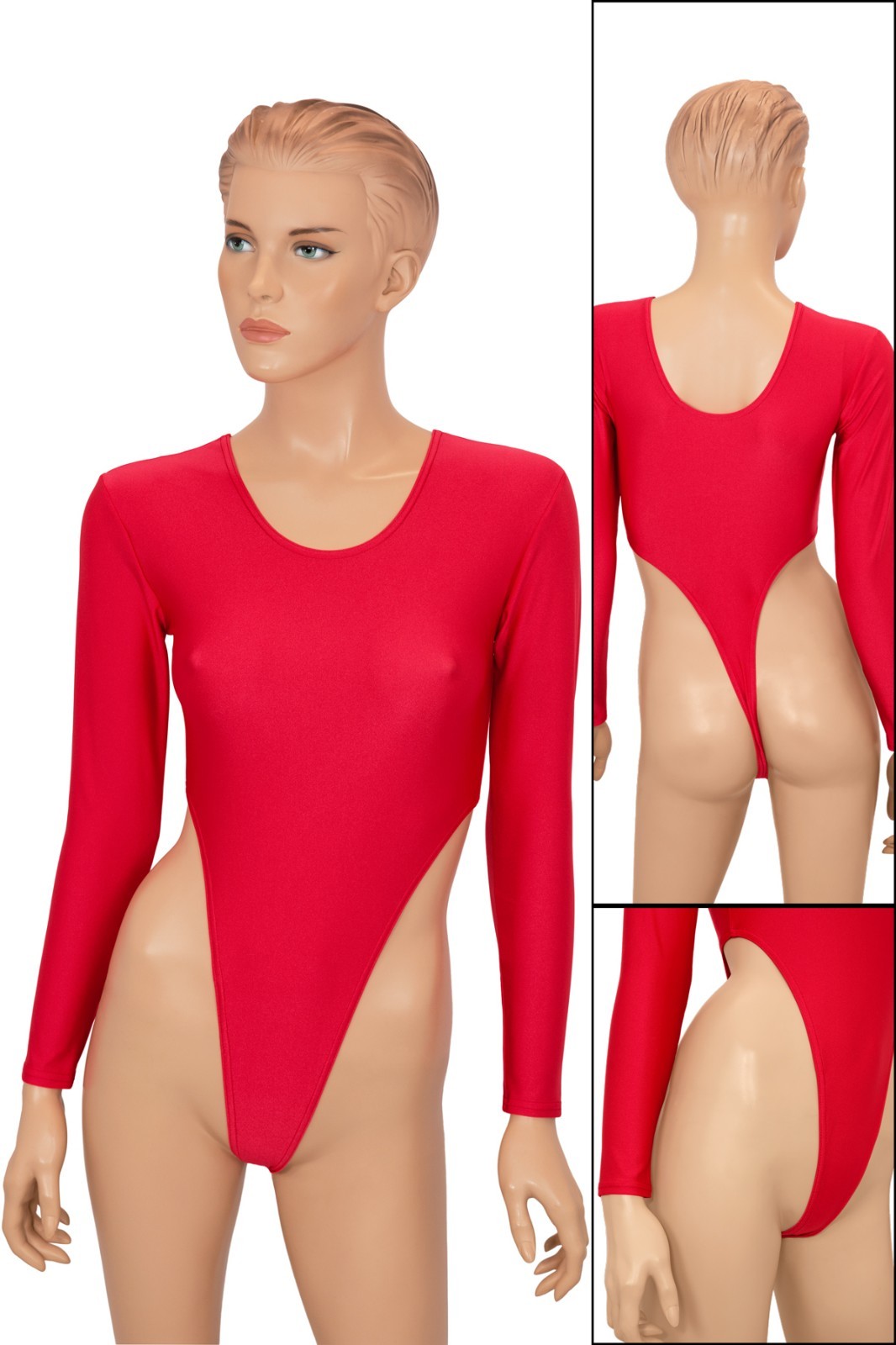 Ladies string body very high leg long sleeves red skin tight stretch shiny