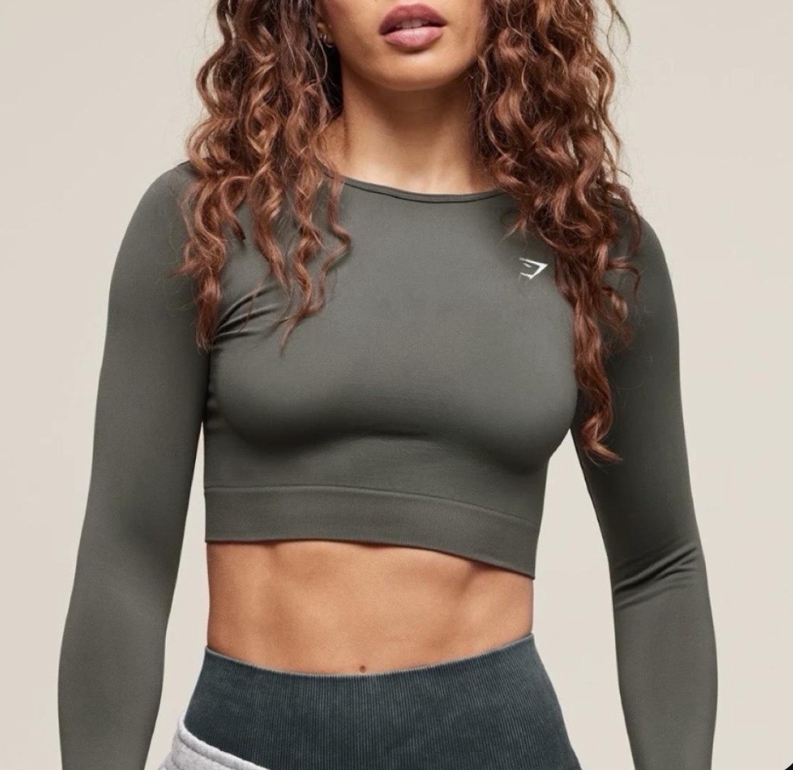 Gymshark Everyday Seamless Long Sleeve Crop Top in Strength Green, size large