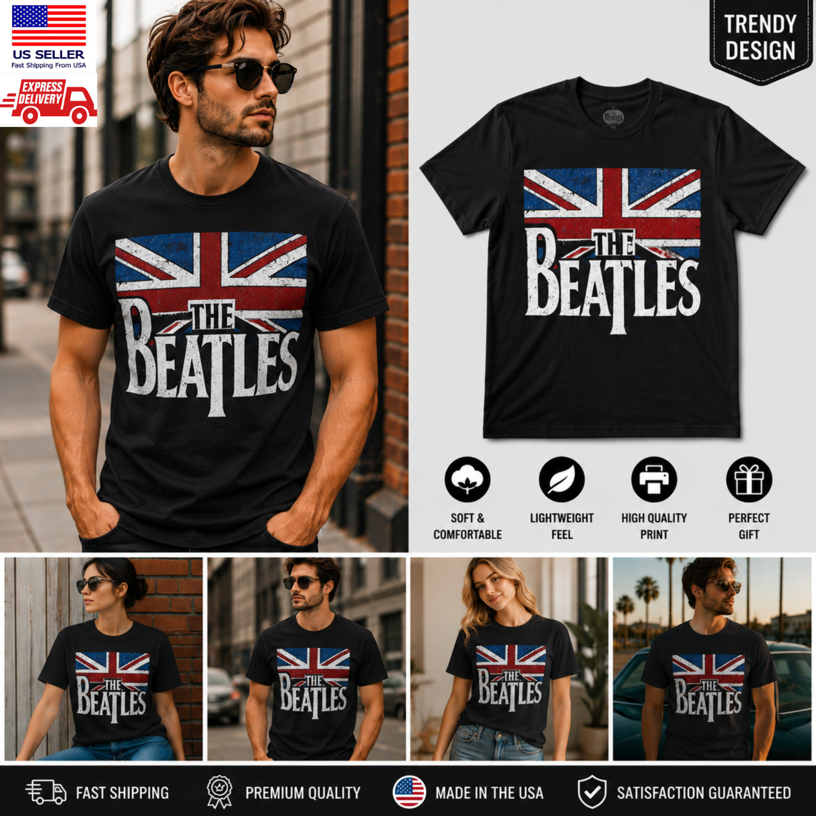 The Beatles Union Jack Vintage Rock Band Charcoal Graphic T-Shirt