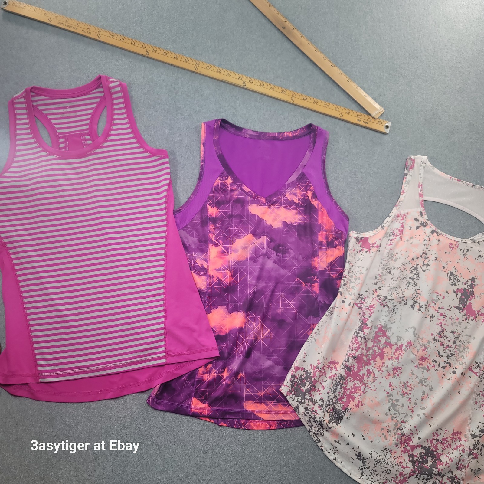 3 Lot Tek Gear DRYTEK Workout M Tops Hip Length Pink Purple Gray MESH KNIT Spand