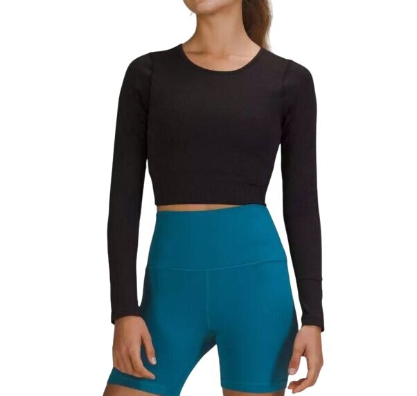 Lululemon Black Ribbed Long-Sleeve Cropped Top Womens Size 12 Nylon & Elastane S