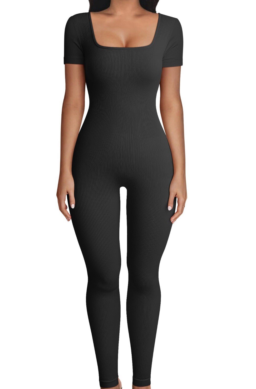 OQQ Medium BLACK Yoga Sport Jumpsuits Workout Ribbed Square Neck Short Sleeve