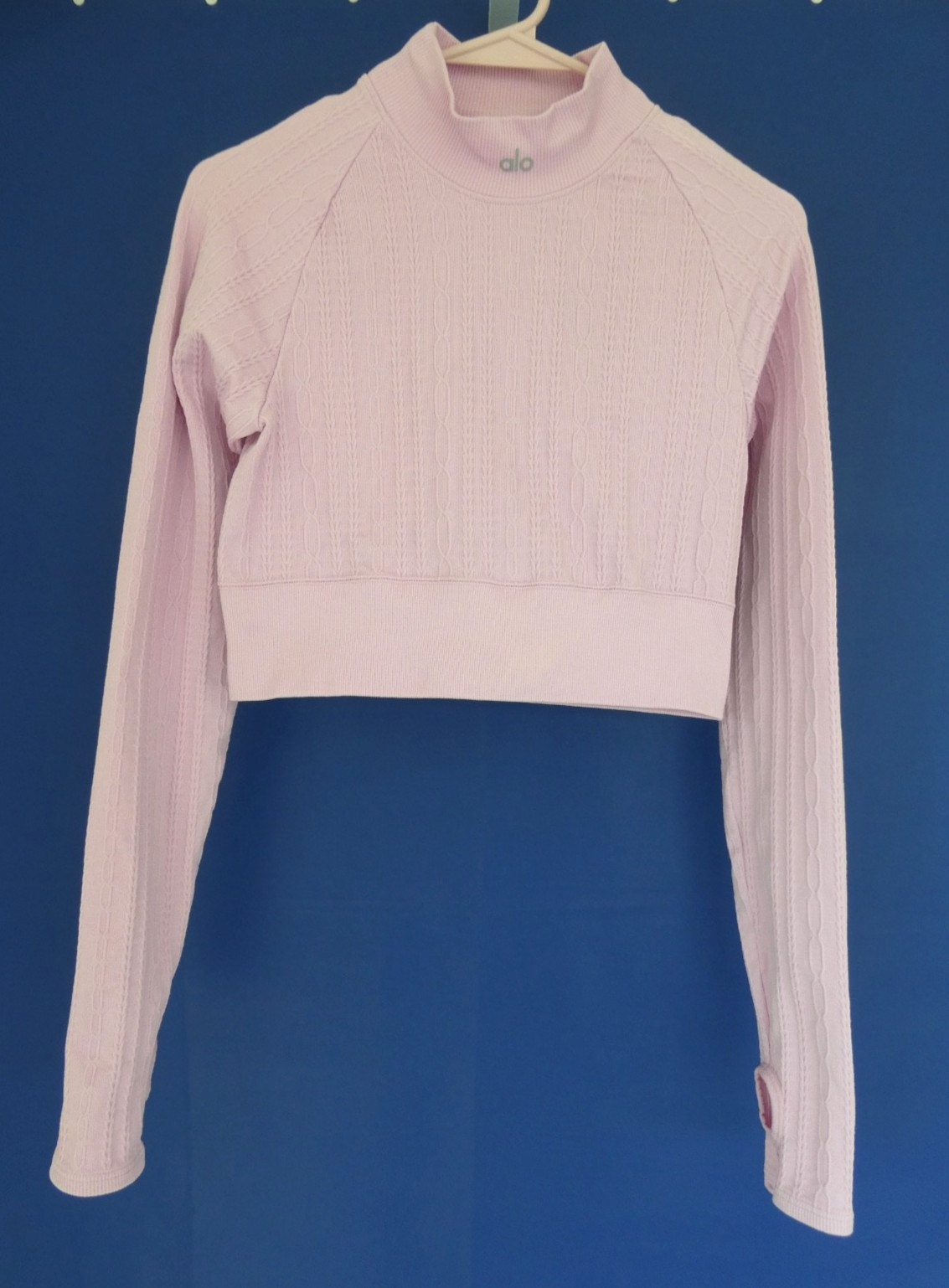 Alo Yoga Seamless Pink Cable Knit Mock Neck Long Sleeve Athletic Crop Top Sz S