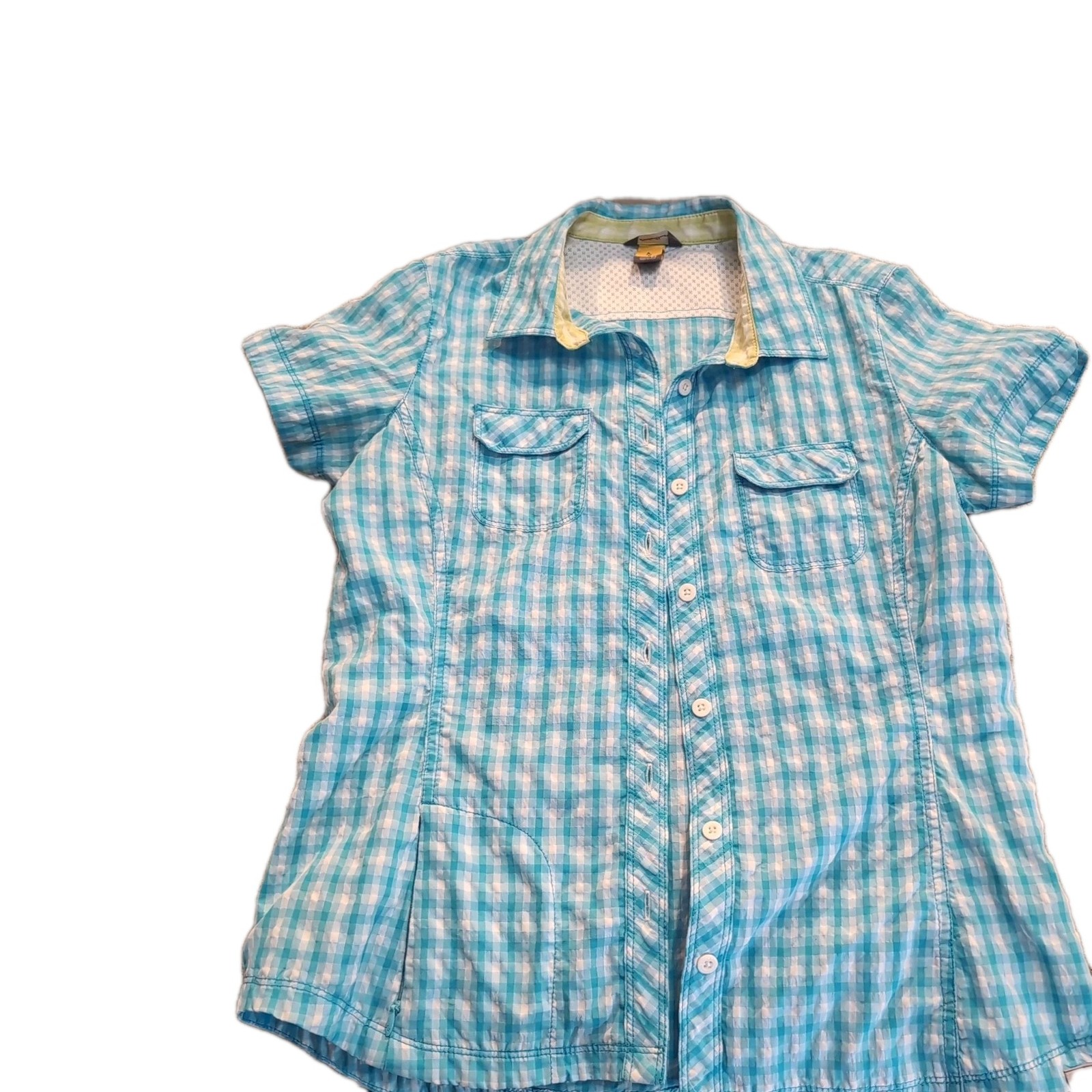 NWOT Eddie Bauer Women Petite Size S Button Up Collared Shirt Blue Checker Dri
