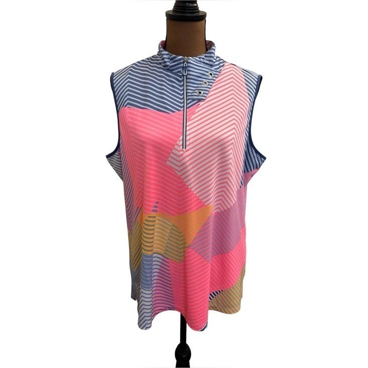 Jamie Sadock Blue Pink Geometric Print Sleeveless Golf Tank Shirt 01236 Size XL