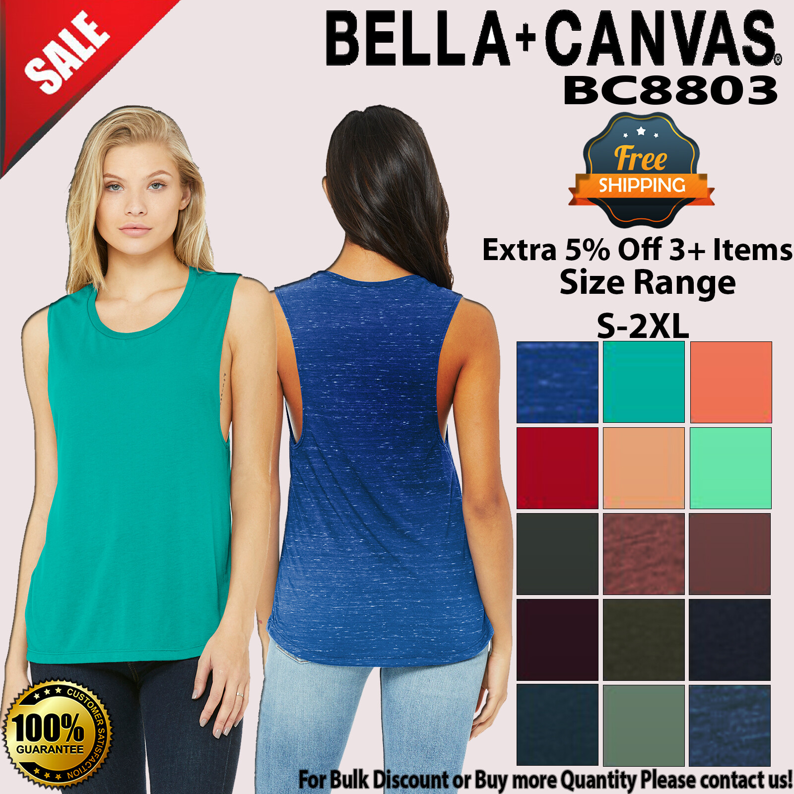 BELLA+CANVAS Womens Sleeveless Flowy Muscle Scoop Neck Stylish Tank BC8803