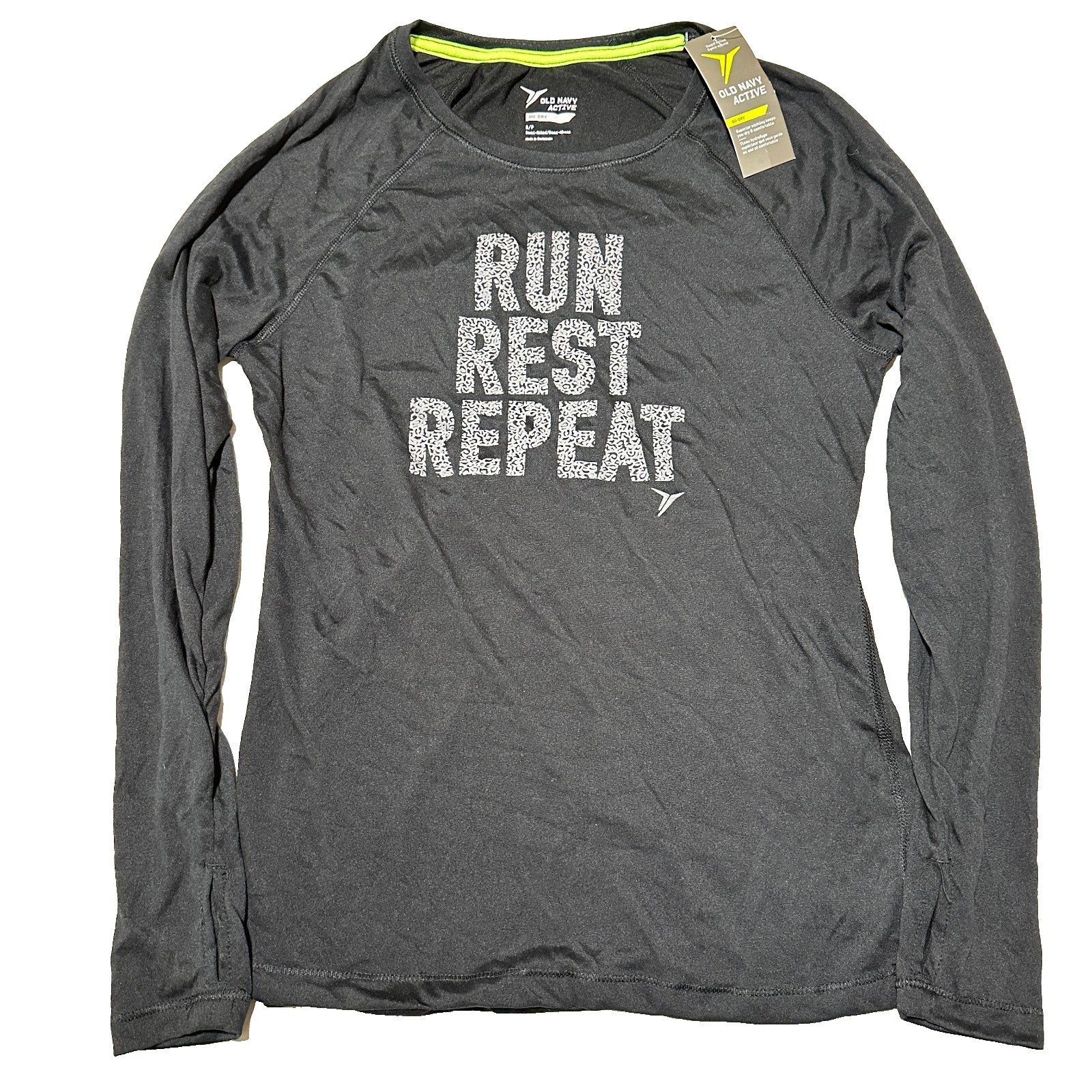 Old Navy Active Go-Dry Womens Small Gray Run Rest Repeat Long Sleeve Thumbhole
