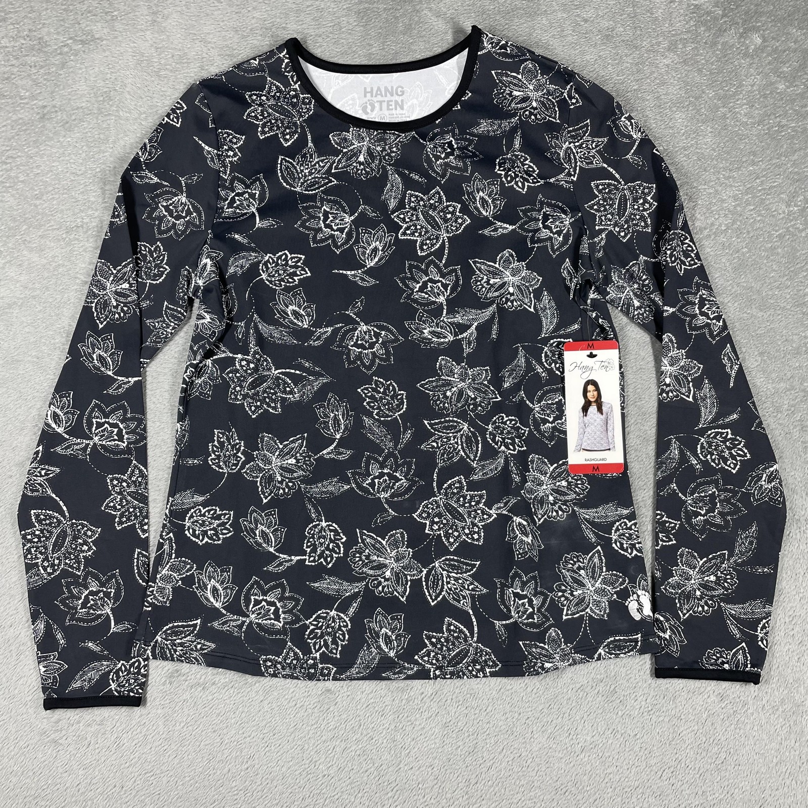 Hang Ten T-Shirt Womens M Black Floral Rashguard Long Sleeve Crew Neck