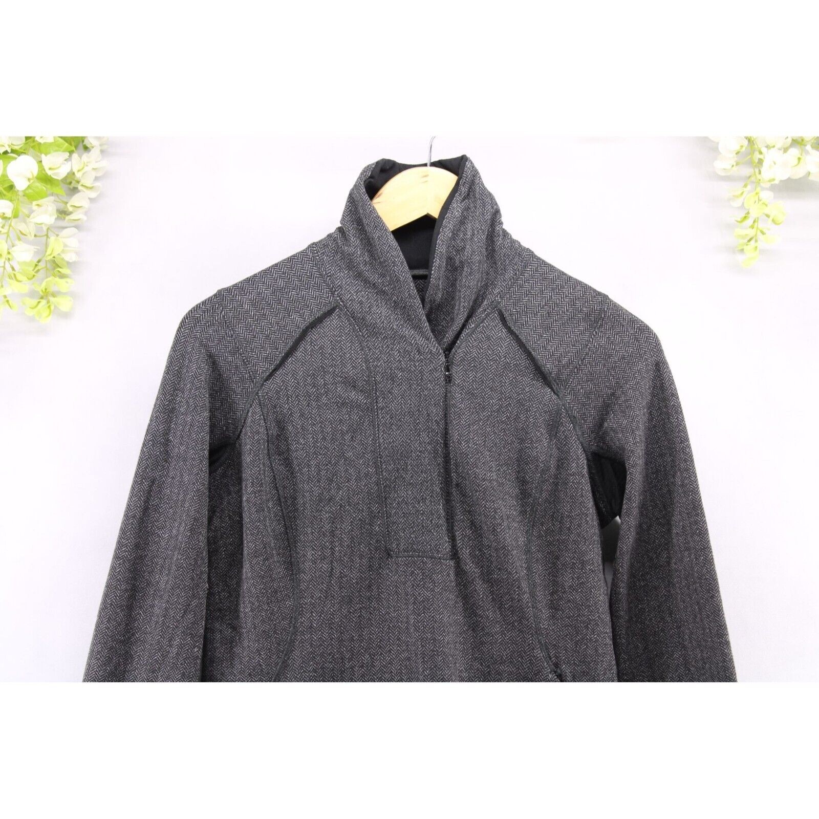Lululemon Think Fast Pullover Heathered Black Herringbone Half Zip Sweater Sz 8