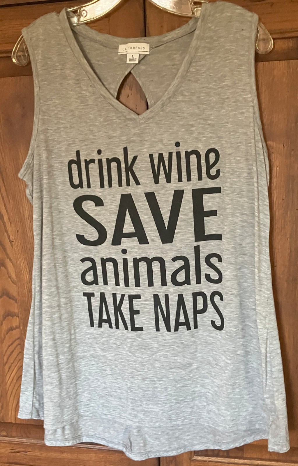 LA THREADS Gray L Tank w/ Keyhole back DRINK WINE SAVE ANIMALS TAKE NAPS