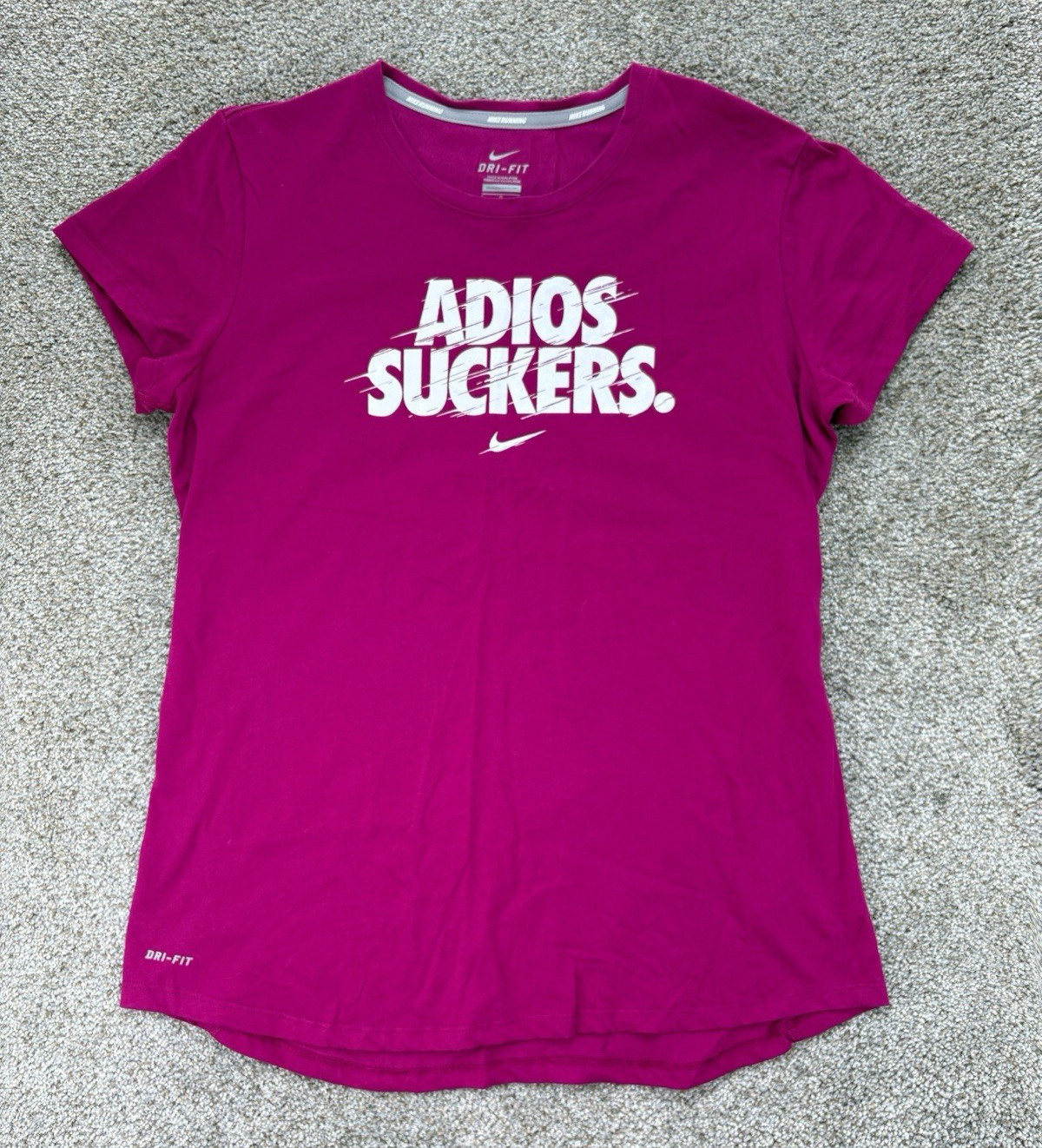 Nike Running Tee Womens Large Pink Dri-FIT ‘Adios Suckers.’ Graphic Short Sleeve
