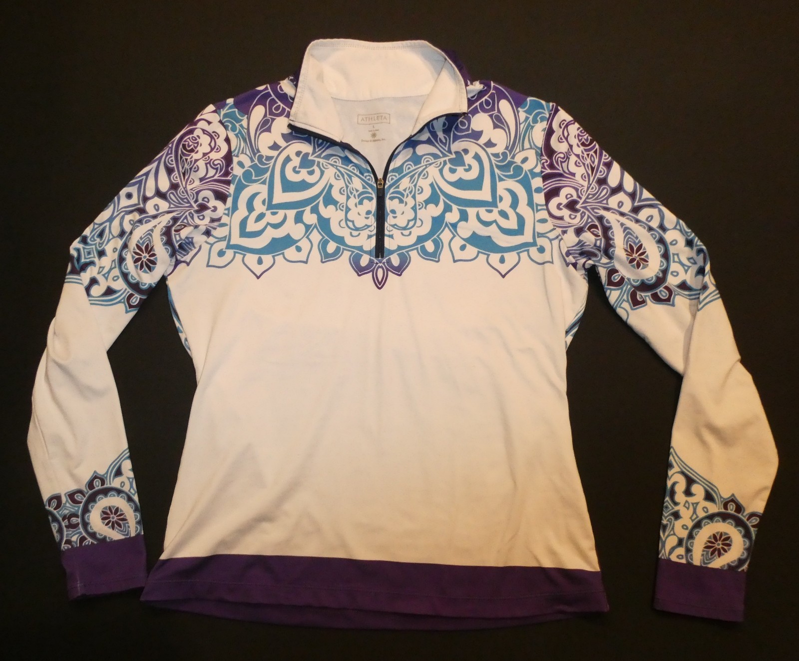 Athleta blue/purple/white floral print 1/4-zip long-sleeved base layer top Sz L