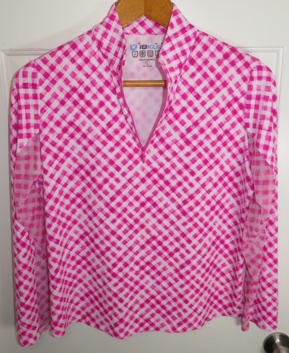 Ibkul 1/4 Zip Icefil Performance Vented Top Hot Pink/White Gingham Size LG