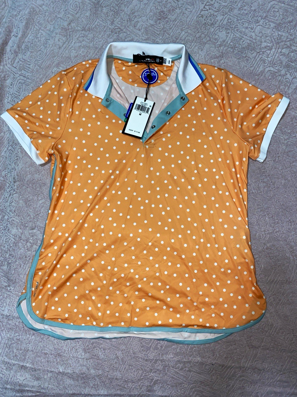 RLX Ralph Lauren Women’s M Orange/White Polka Dot Short Sleeve Polo, Polyester