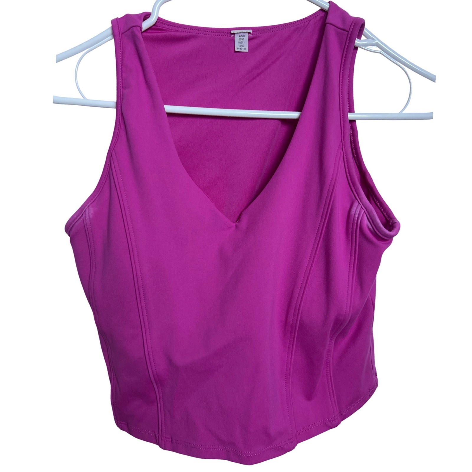 Magenta Pink V-Neck Athletic Crop Tank Top Shelf Bra Barbiecore Bodycon Workout