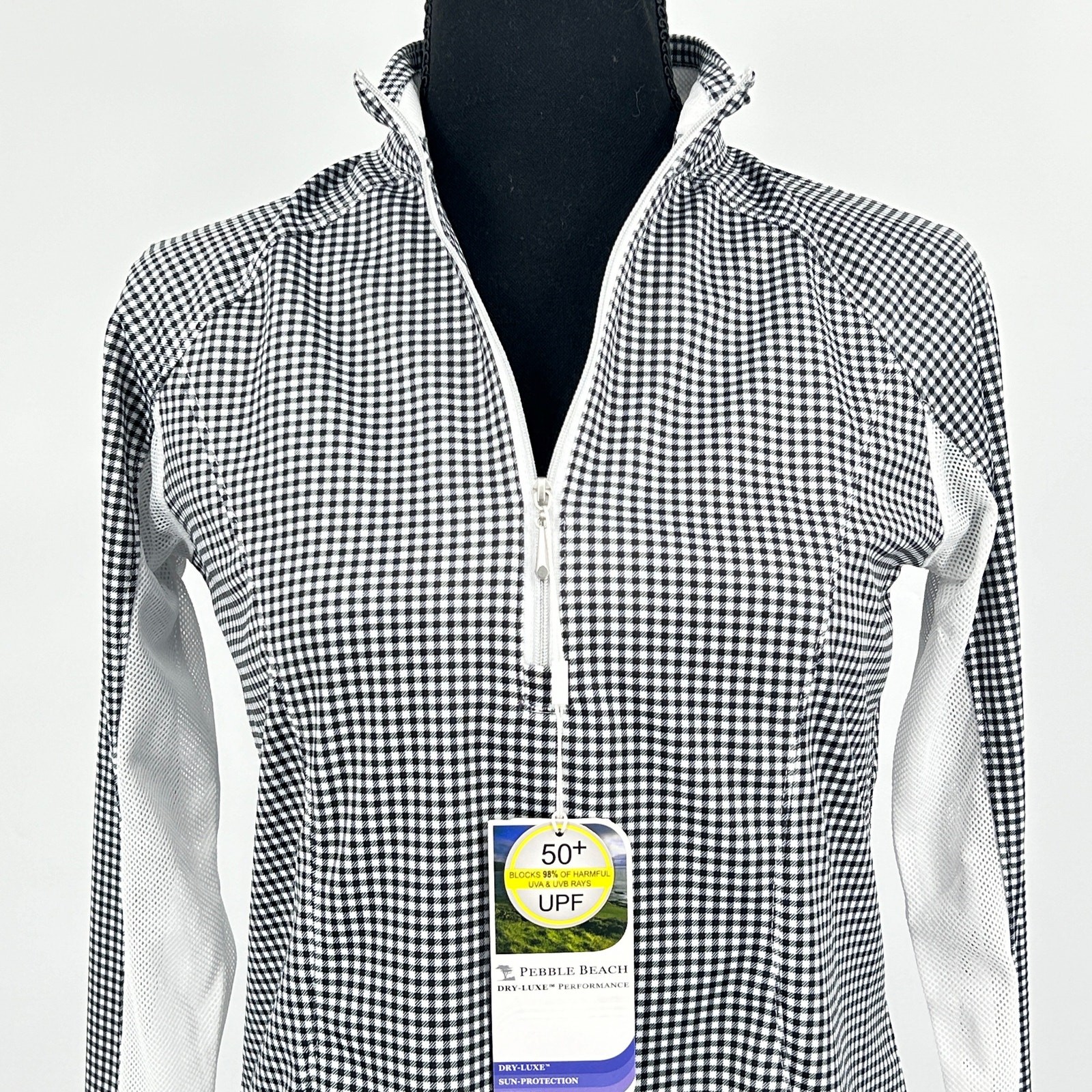 Pebble Beach Golf Pullover Shirt Womens Long Sleeve 1/4 Zip Gingham White XS NWT