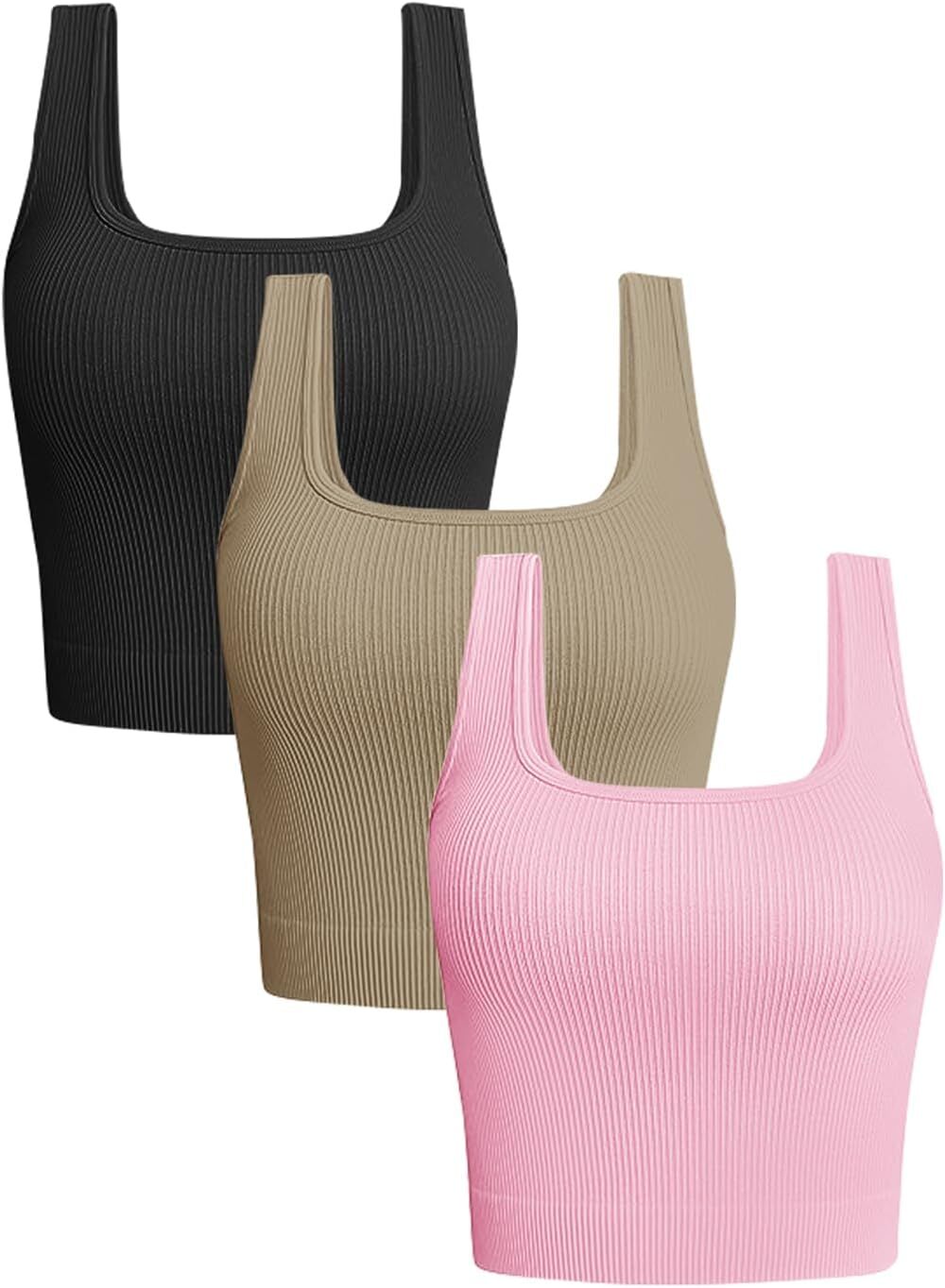 Womens 3 Pack Crop Tank Tops Basic Seamless Ribbed Sleeveless Square Neck Top