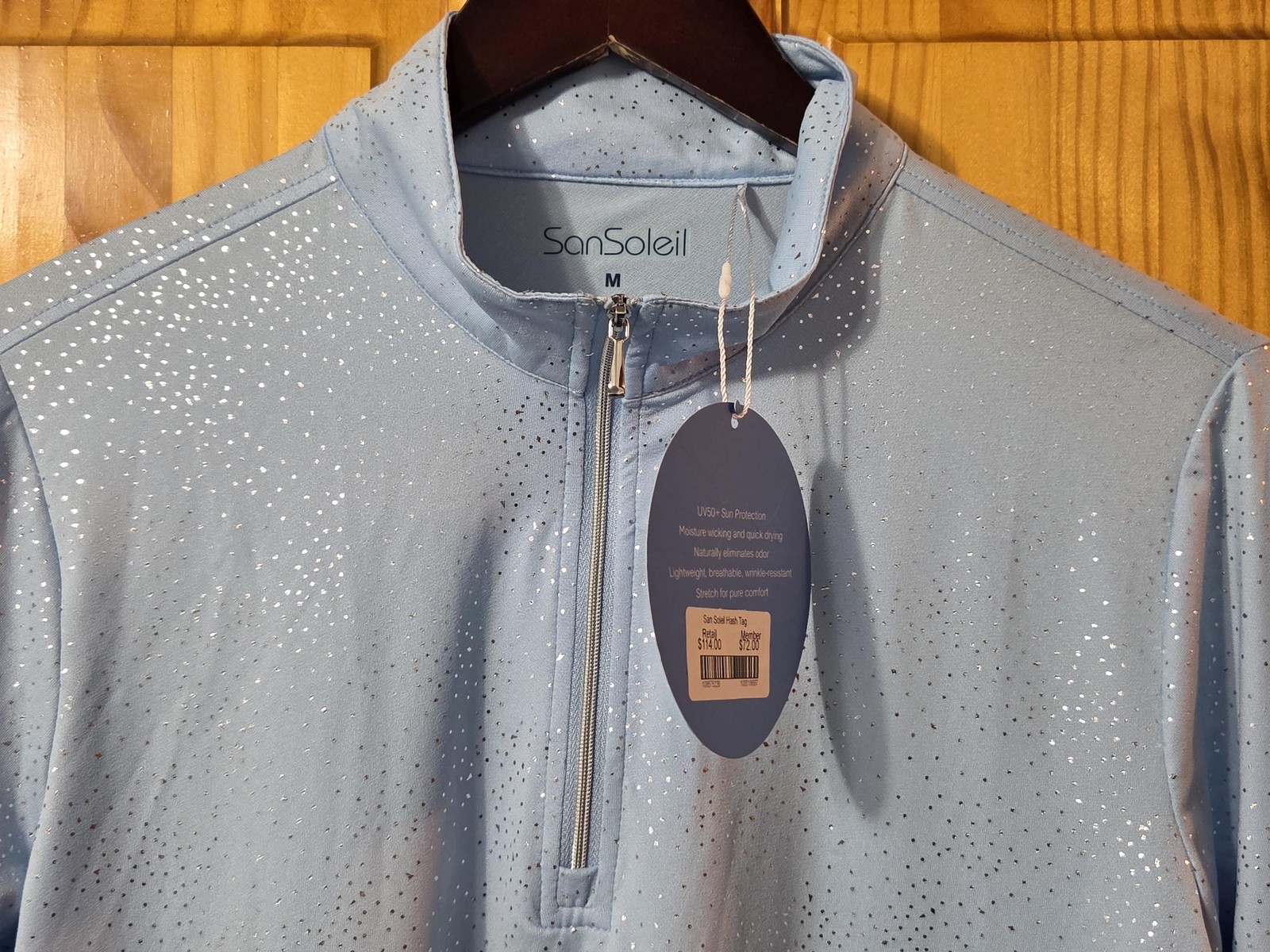 SanSoleil Pullover Womens Medium Light Blue 1/4 Zip UPF 50 Golf Sun Shirt Logo