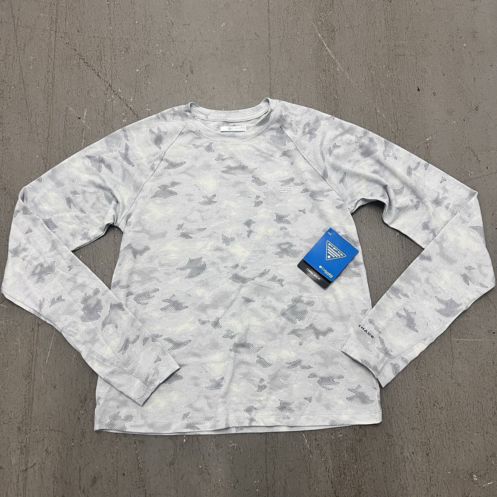 Columbia PFG Women’s Active Fit Long-Sleeve Fishing Shirt Gray Camo Small UPF 50