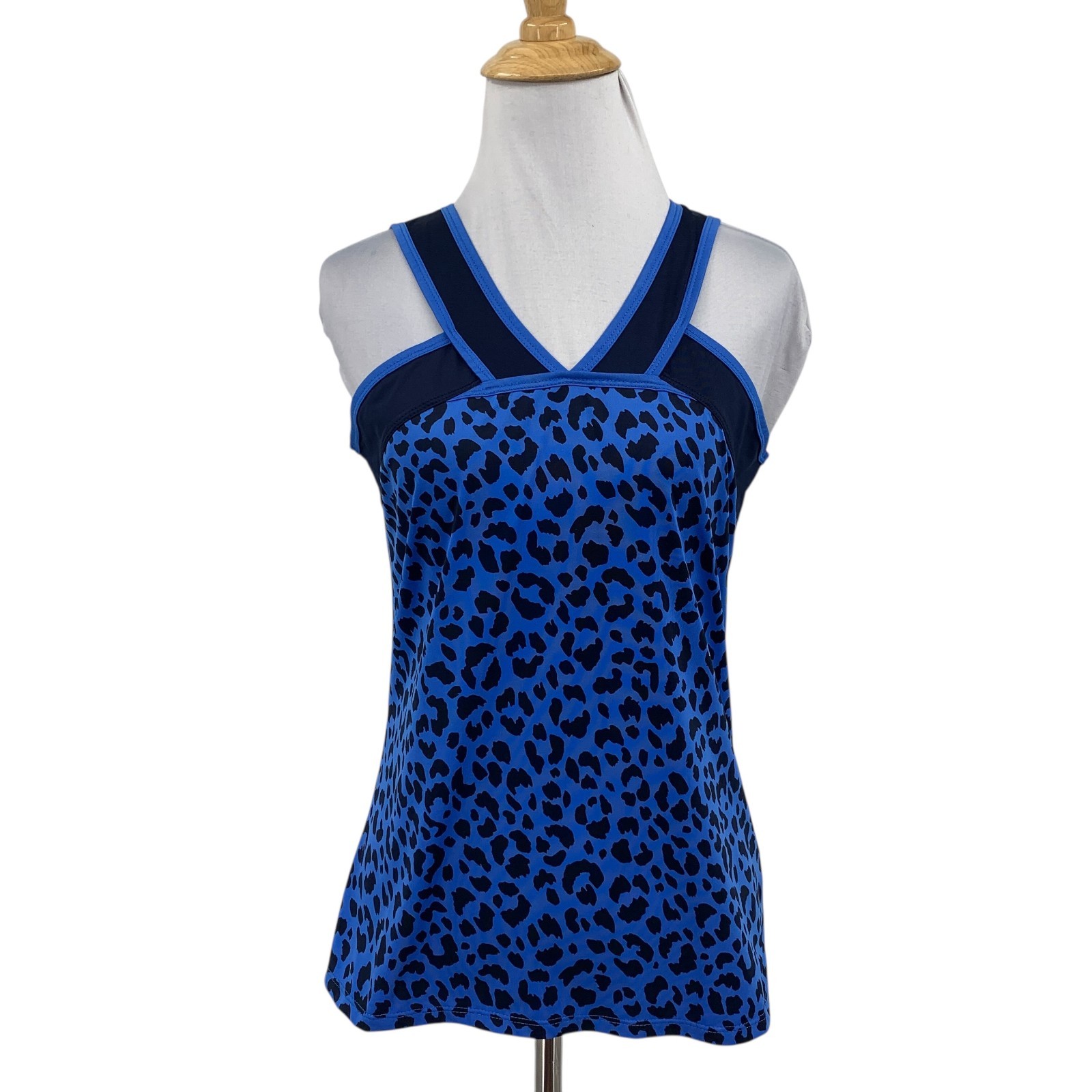 Tail Tank Top Womens S Small Blue Black Fall Giza Leopard Print V Neck Tennis