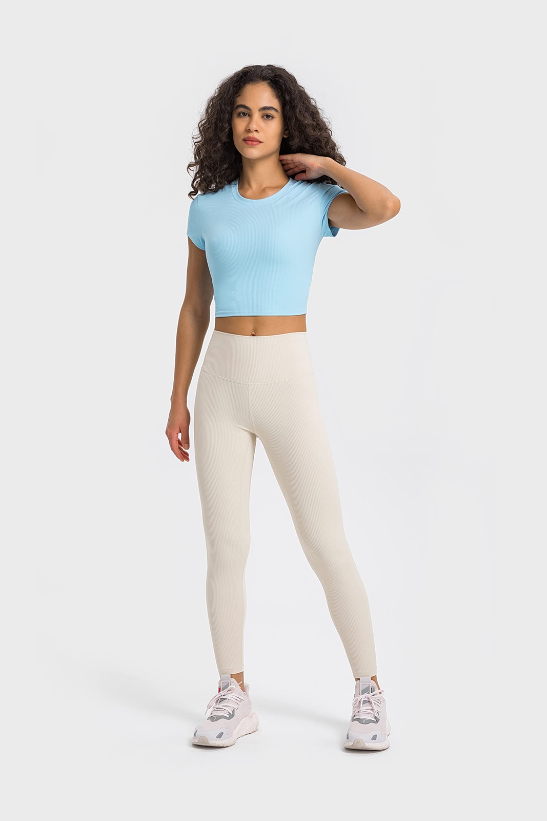 Ribbed High Neck Cropped Workout Tops for Women (Light Ivory, M)