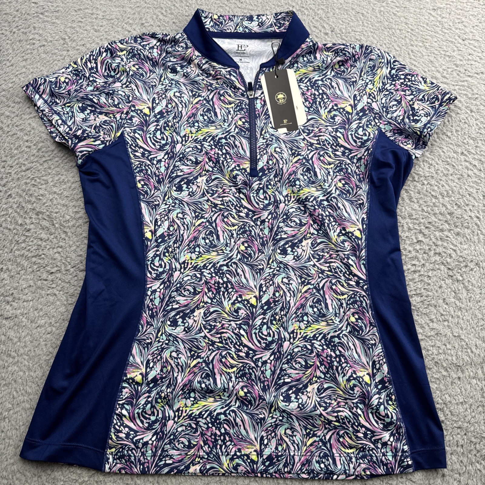 EP New York EPNY Golf Shirt Top Womens Medium Floral Sleeveless Zip Mock Polo