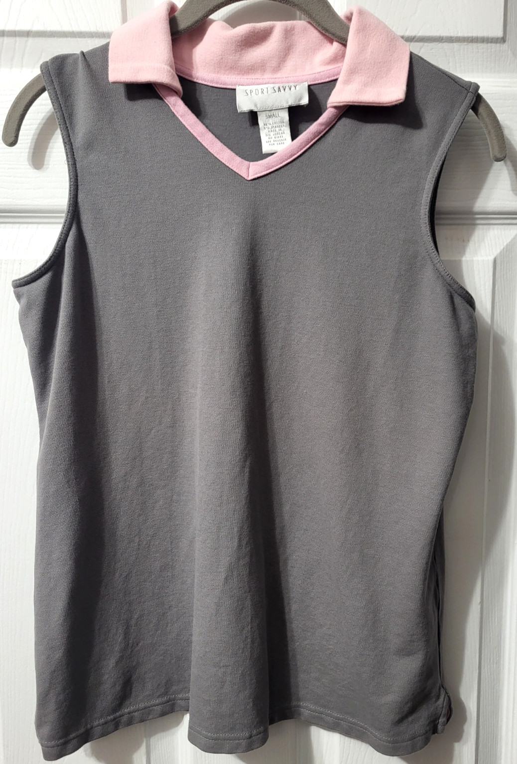 Sport Savvy Women’s Small Collared Sleeveless Top Gray Pink Cotton Blend