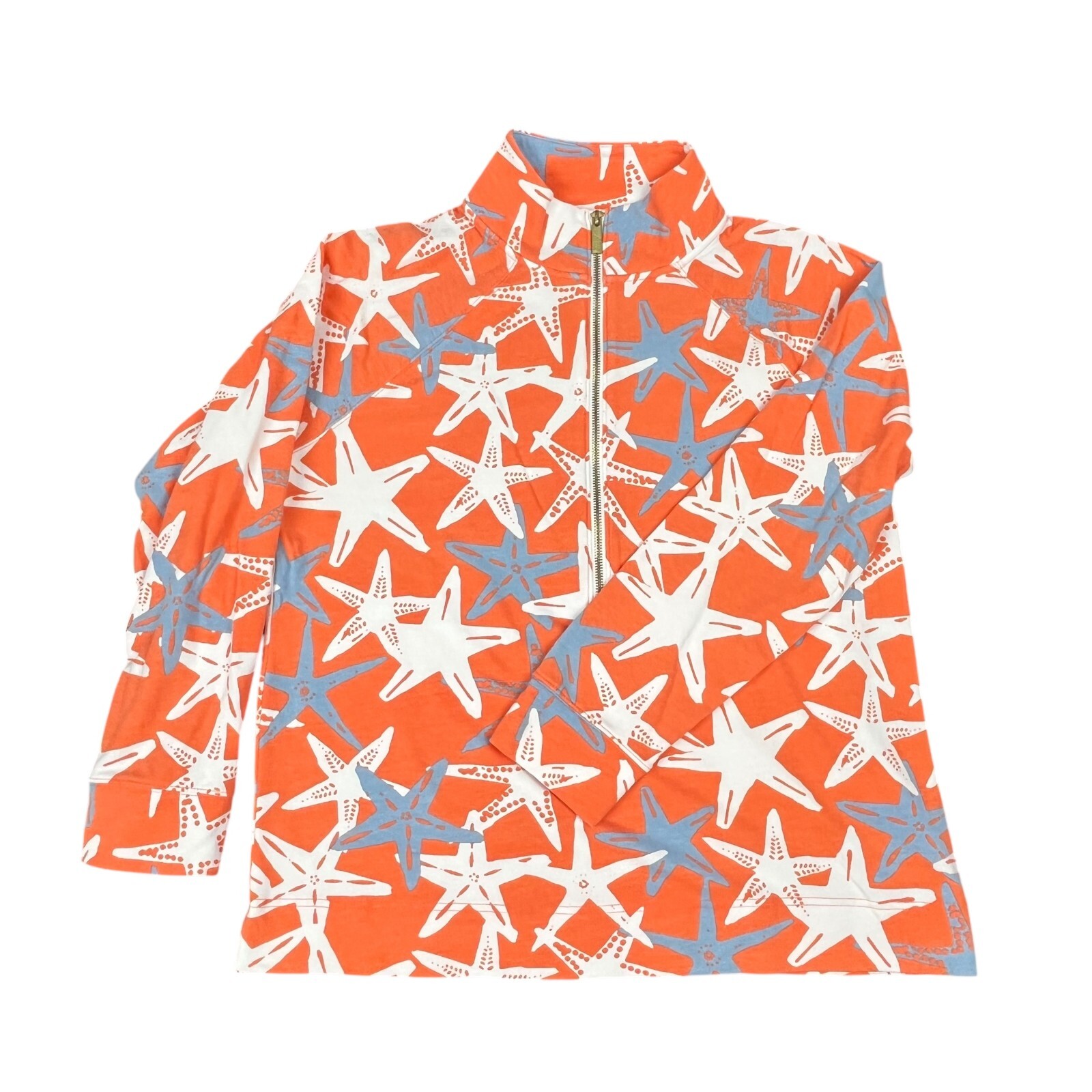 Crown & Ivy Beach Shirt Womens XL Orange Starfish Mock Neck Half Zip Pullover