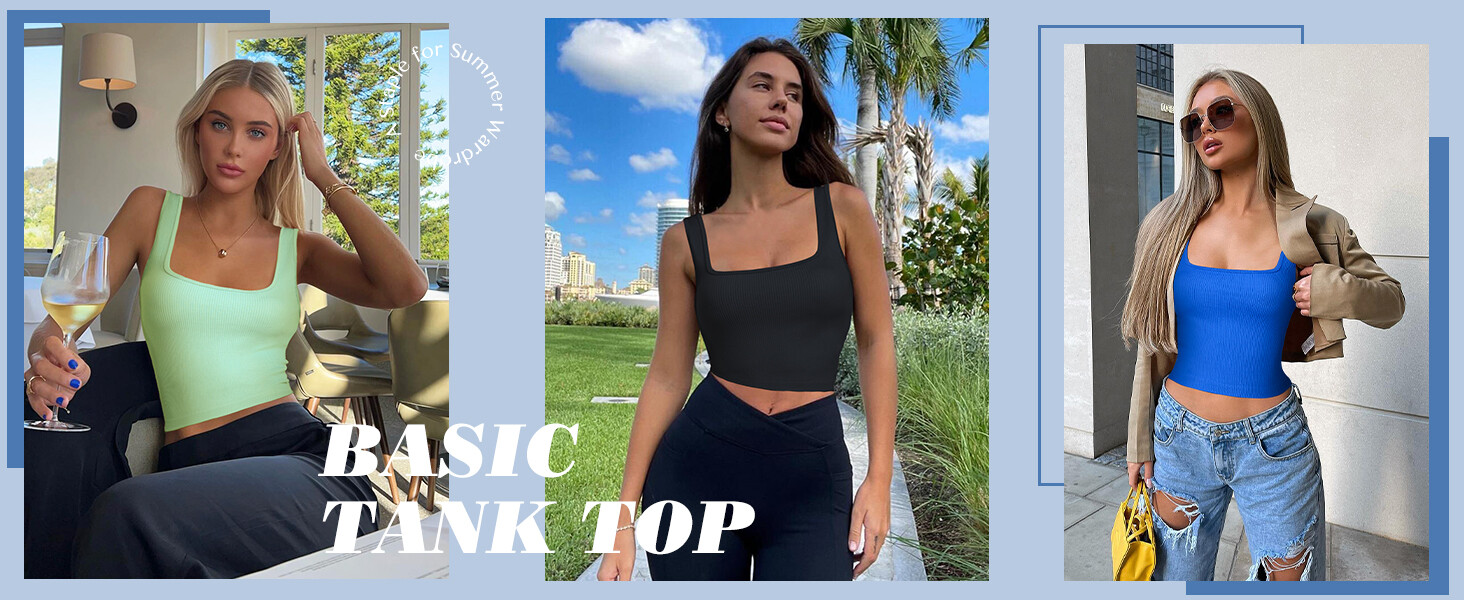 Womens 3 Pack Crop Tank Tops Basic Seamless Ribbed Sleeveless Square Neck Top