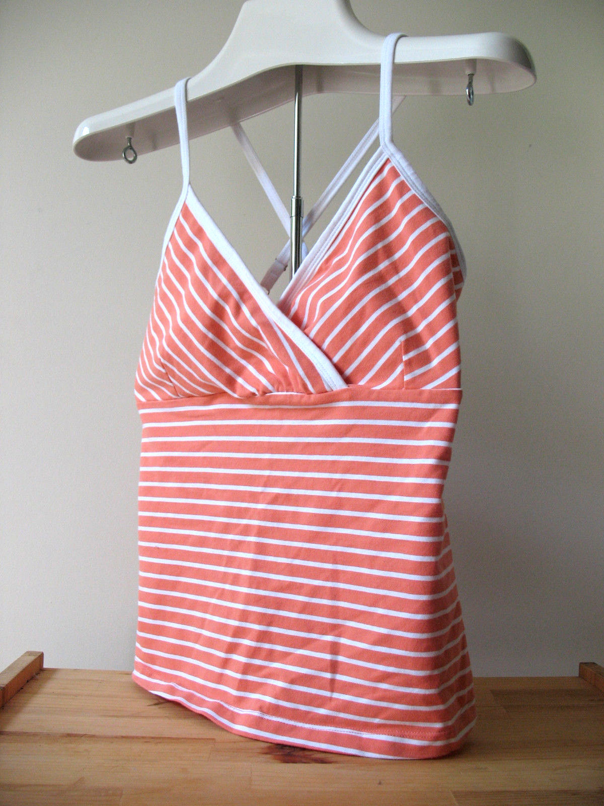 NEW Marika Sexy Stripe Criss Cross Coral Orange White Cotton Yoga Knit Top L $54
