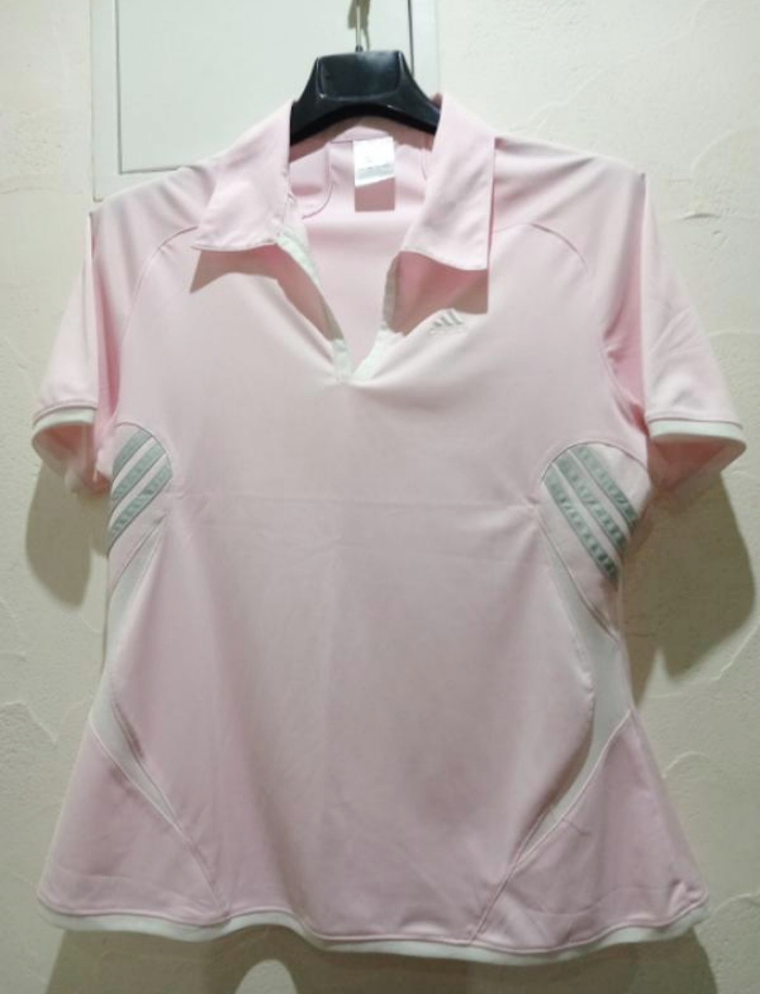 Vtg Adidas womens pinc polo shirt 3- stripes side panels short sleeve sz 4XL(M}