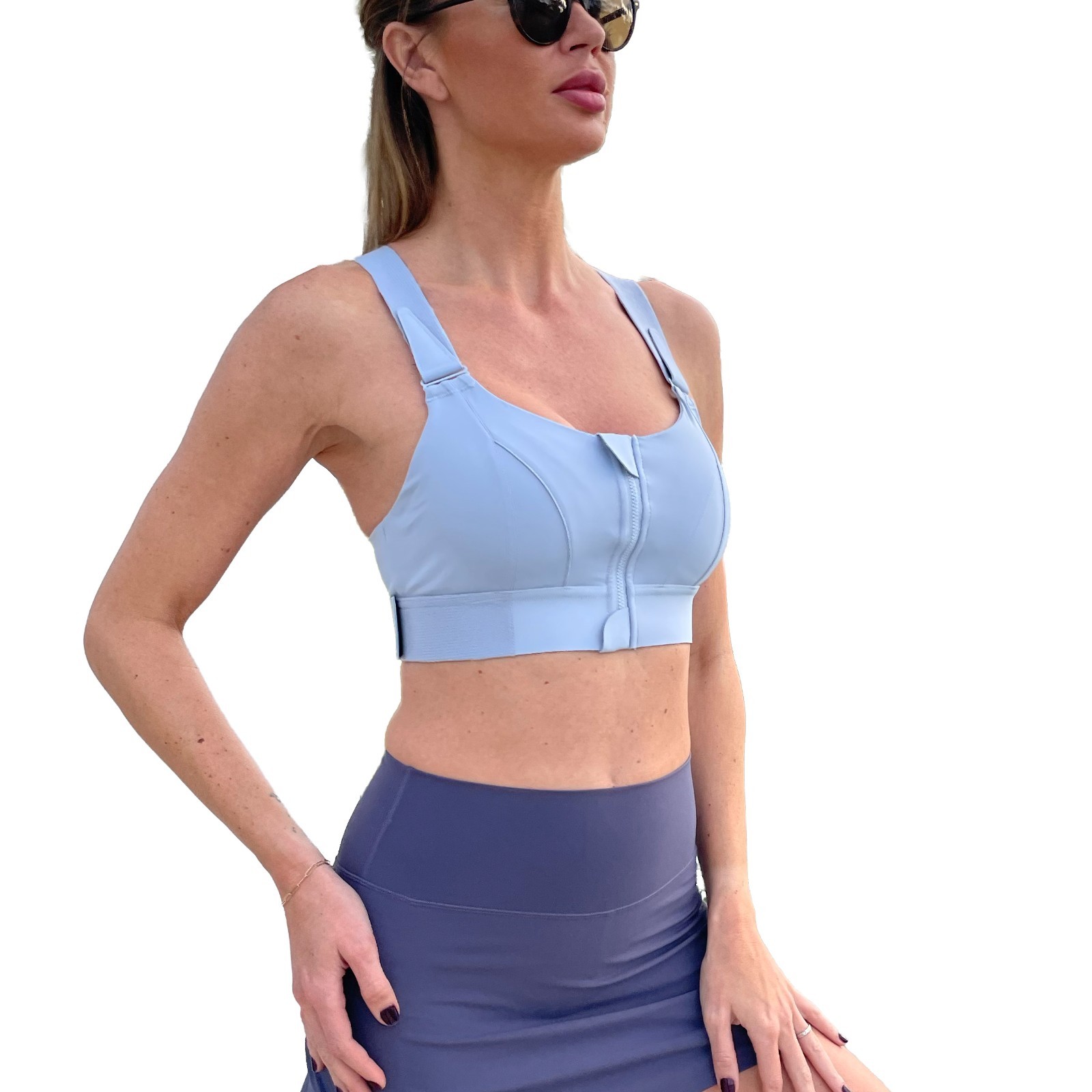 Front Closure Sports Bra High Compression No Bounce Support Adjustable Blue