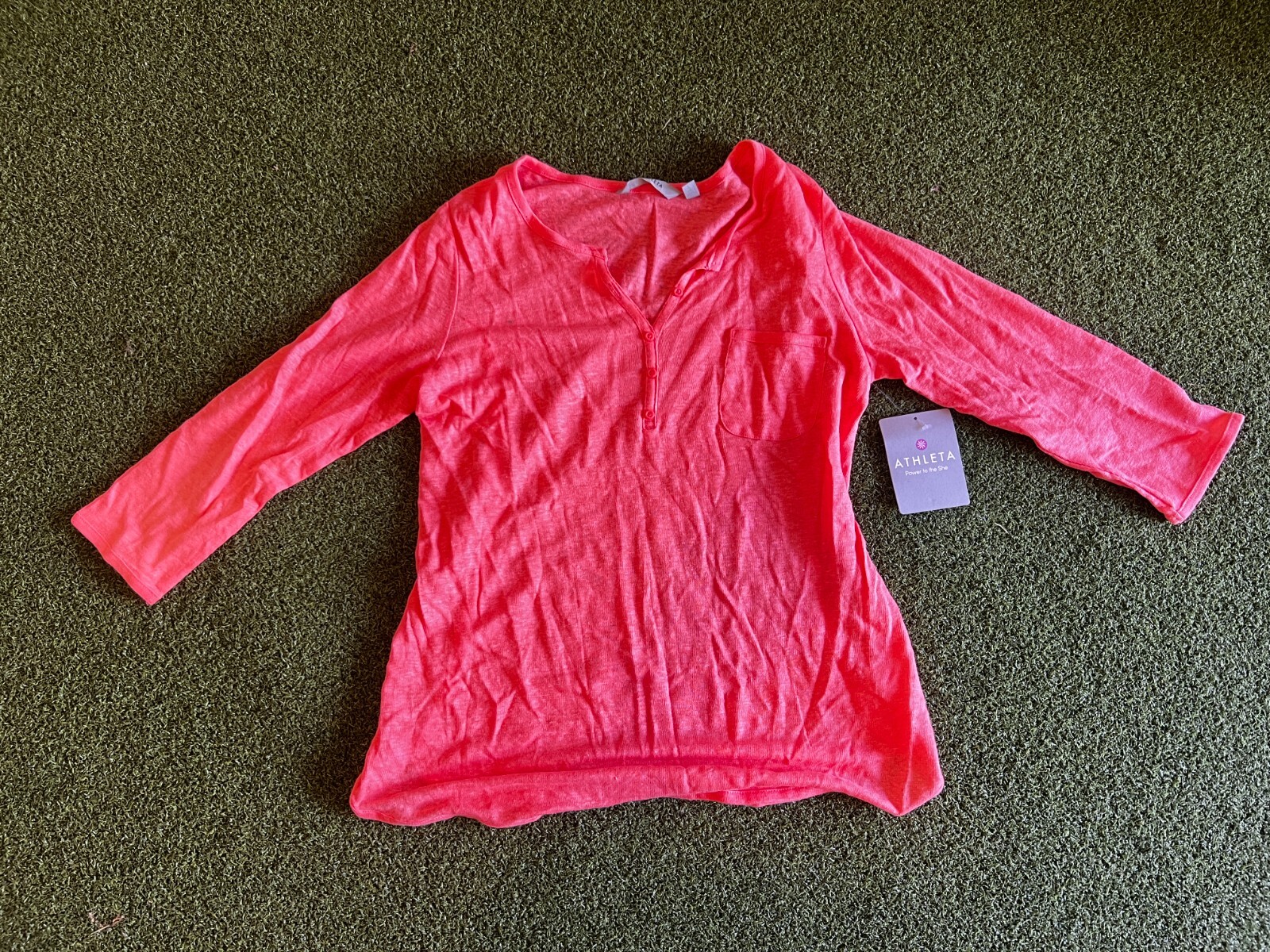 Athleta Newport Henley Tee Coral 100% Linen 3/4 Sleeve Sporty Medium #12