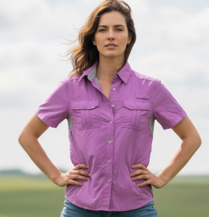 Habit Ladies Sz L UPF 30 Solar Factor Iris Orchid River Guide Short Sleeve Shirt