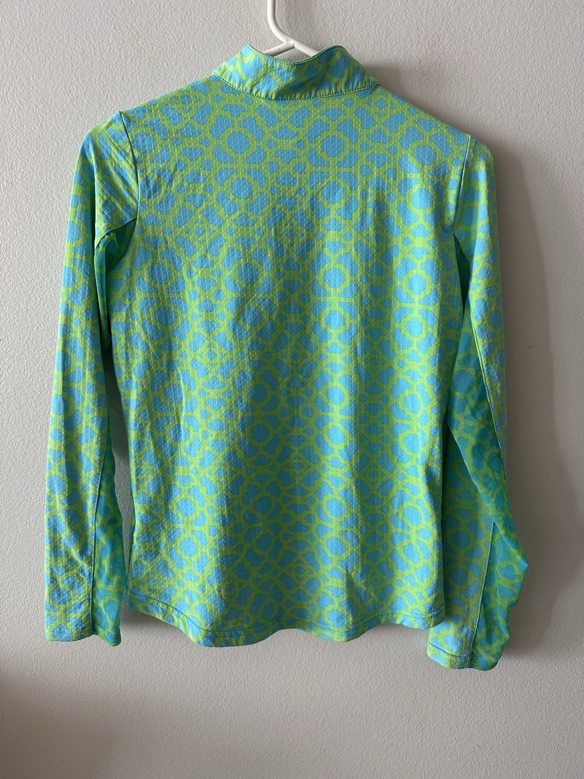ICIKULS Geometric Small 1/4 Zip Pullover Top Blue Green Mesh Long Sleeve Flaw