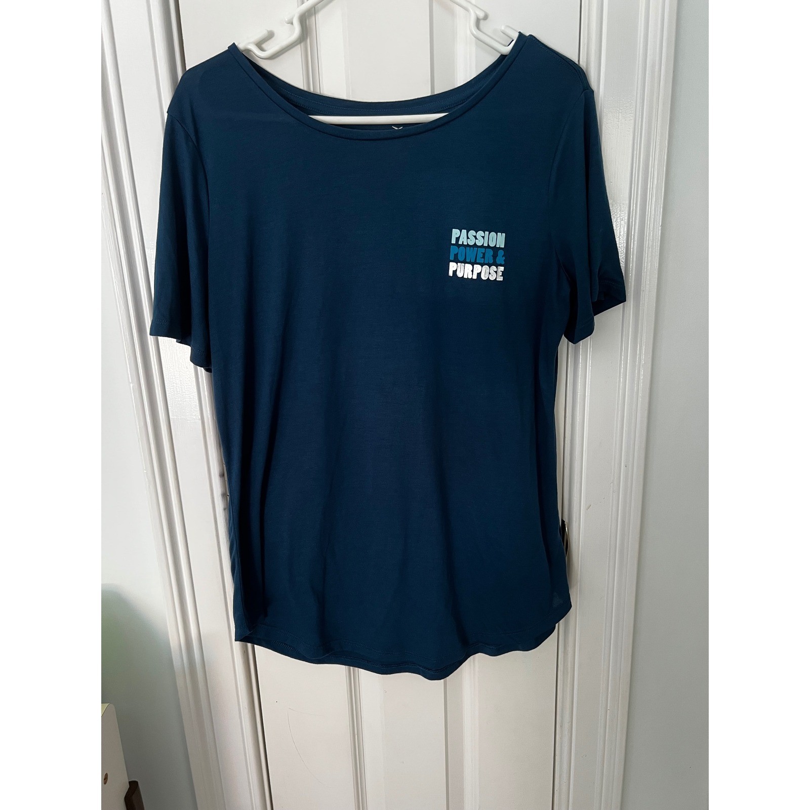 Old Navy Active Womens Go-Dry Graphic Tee Teal Passion Power Purpose Shirt L
