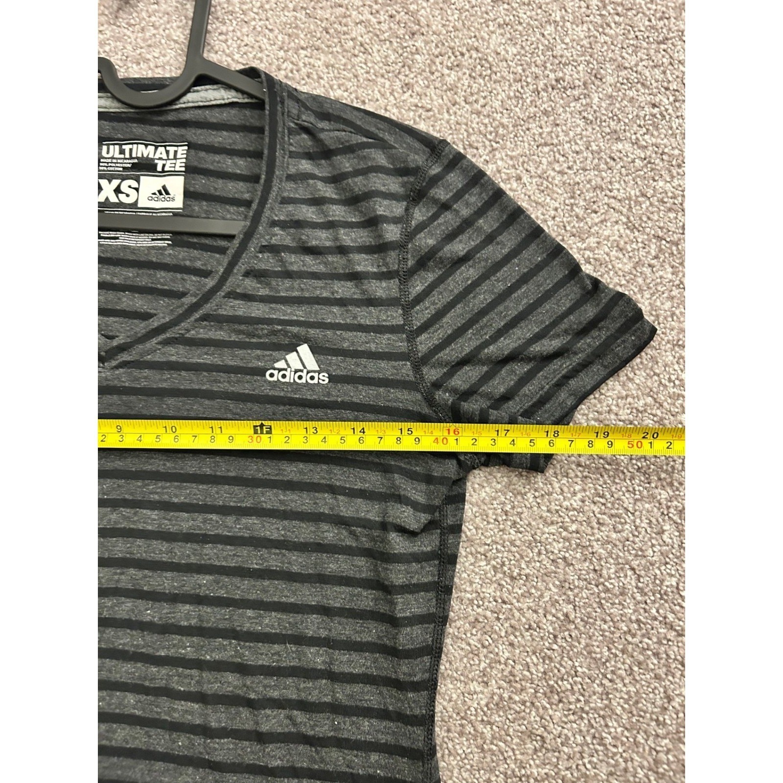 Adidas Ultimate Tee Womens XS Grey Black Striped V-Neck Short Sleeve Excellent