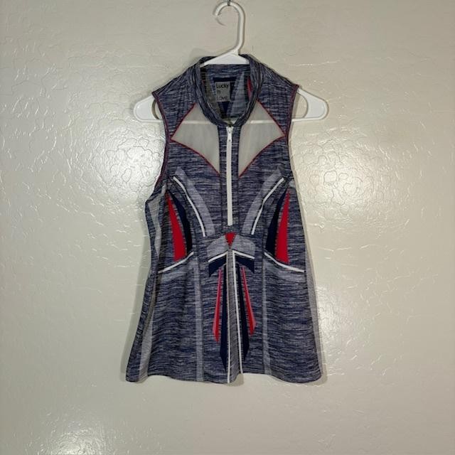 Lucky In Love Tank Top Womens Medium Blue Geometric Mock Neck 1/4 Zip Tennis