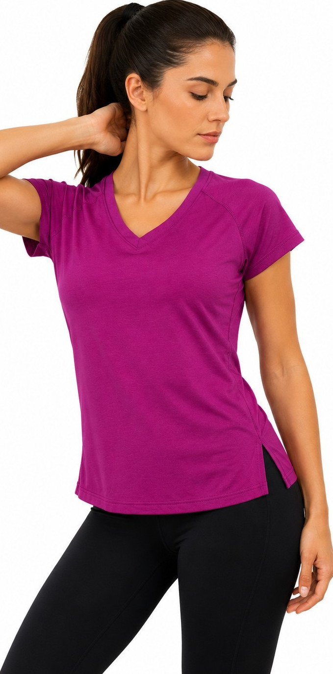 Women’s Purple V-Neck Raglan Short Sleeve T-Shirt M/L Polyester Moisture-Wicking