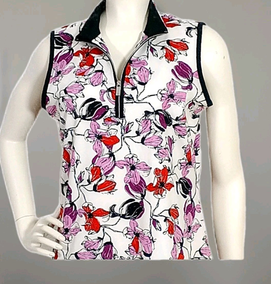 Tail Activewear Golf Tennis Top Women’s Size L Purple Floral 1/4 Zip Sleeveless