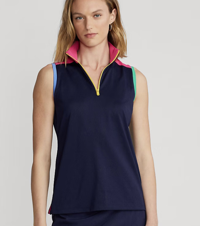Ralph Lauren RLX Tank Shirt Large Pink Navy Golf Outdoor 1/4 zip Sleeveless