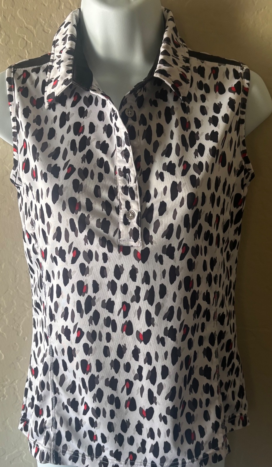 Nivo Women Sleevless Polo Top Golf/Tennis Black Red Grey Print on White *XS?TP