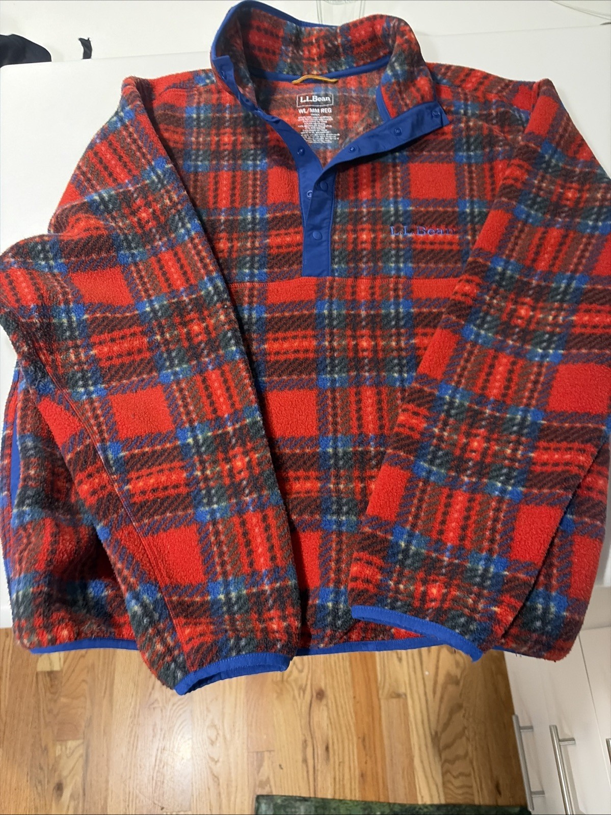 LL Bean Classic Quarter Snap Fleece Pullover Unisex WL/MM Red Blue Plaid
