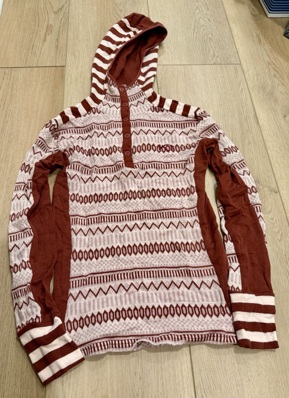 Kari Traa Snap Front Hooded Wool Base Layer Top Pullover Sz Small